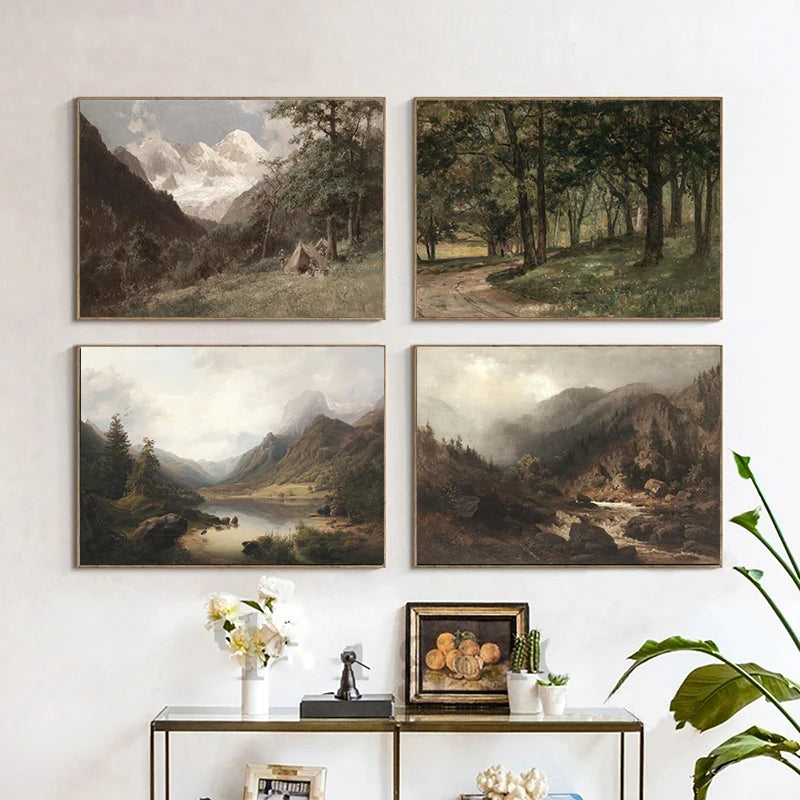 Rustic Vintage Landscape Oil Painting Mountain Forest Wall Art Fine Art Canvas Prints Gallery Wall Pictures For Living Room Dining Room Art Decoration | Home&so-Homeandso