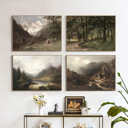 Rustic Vintage Landscape Oil Painting Mountain Forest Wall Art Fine Art Canvas Prints Gallery Wall Pictures For Living Room Dining Room Art Decoration | Home&so-Homeandso