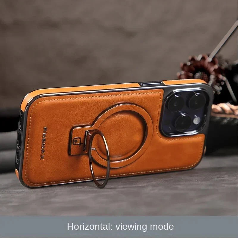 Luxurious leather case with integrated, foldable ring stand for the iPhone
