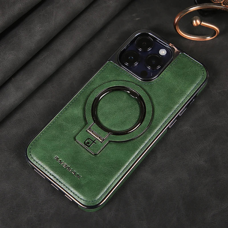Luxurious leather case with integrated, foldable ring stand for the iPhone